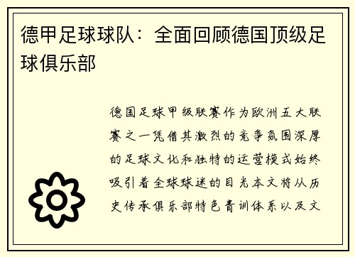 德甲足球球队：全面回顾德国顶级足球俱乐部